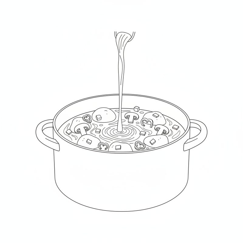 Line drawing of cream pouring into a pot of chicken stew with mushroom slices and pepper squares