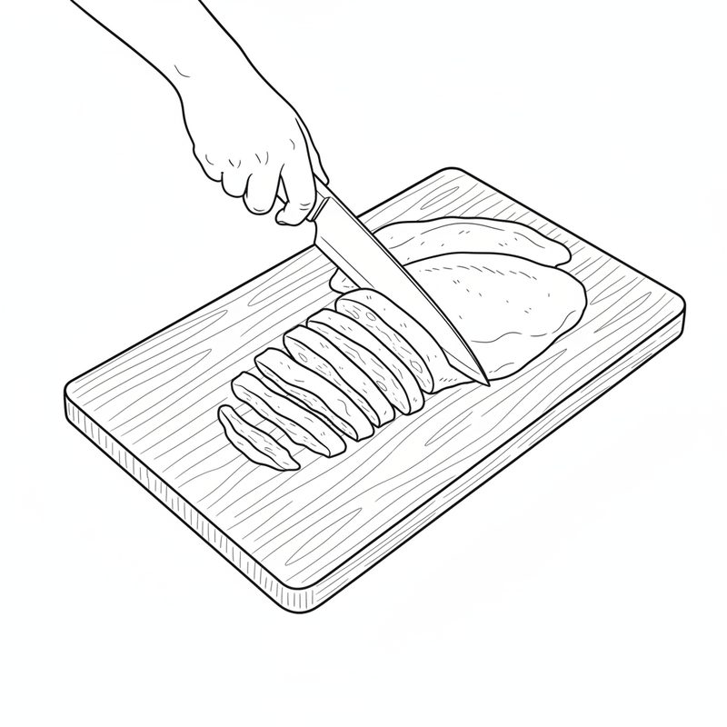 Line drawing of a hand slicing a boneless chicken fillet into thin strips with a chef's knife on a wooden cutting board