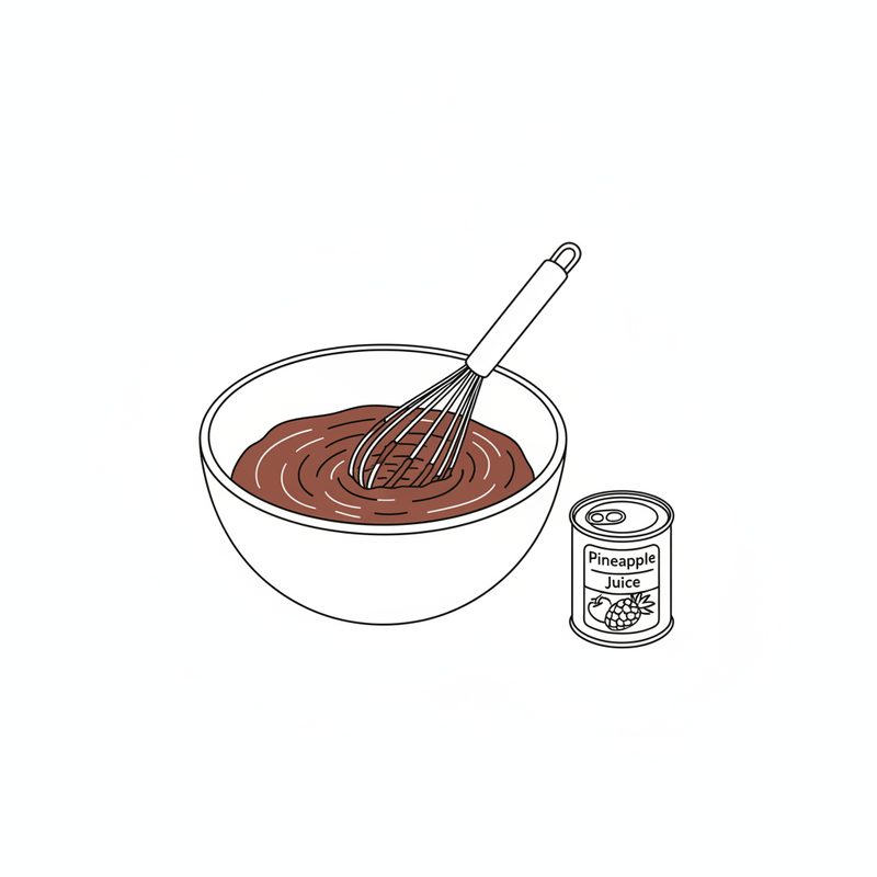 Sketch of a whisk in a bowl of dark reddish-brown marinade, with a can labelled pineapple juice beside the bowl
