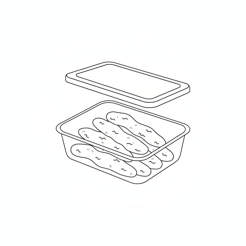 Line drawing of chicken strips packed into a rectangular food container with its lid held above it