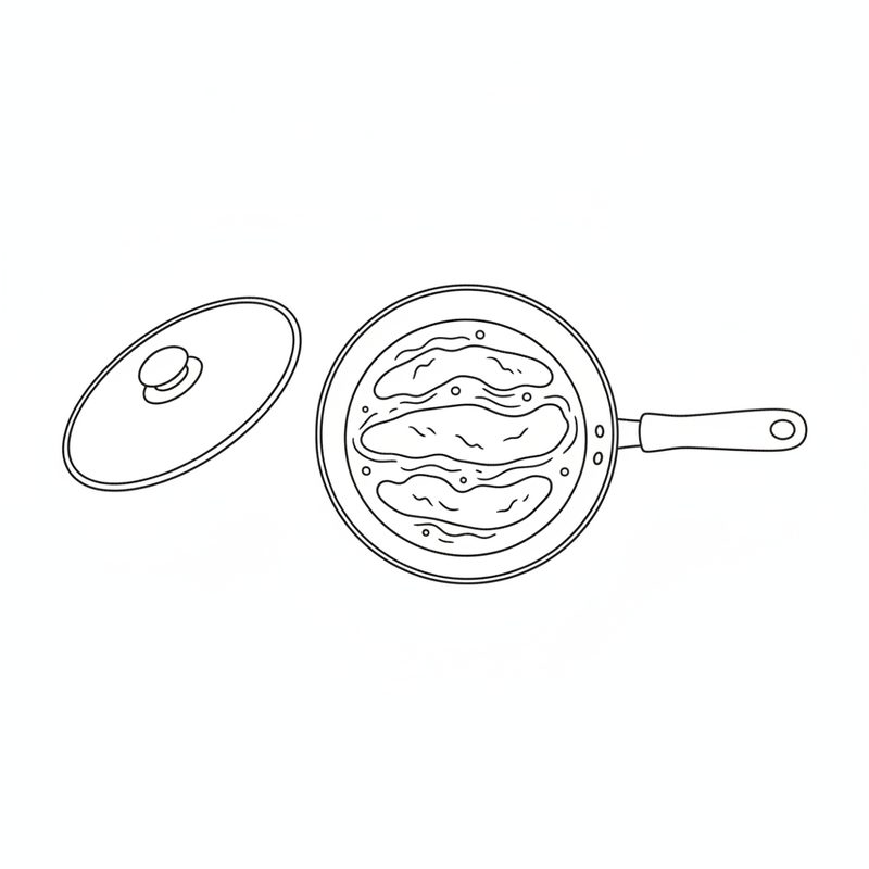Line drawing seen from above of chicken pieces simmering in liquid in a frying pan, with the pan lid set to one side