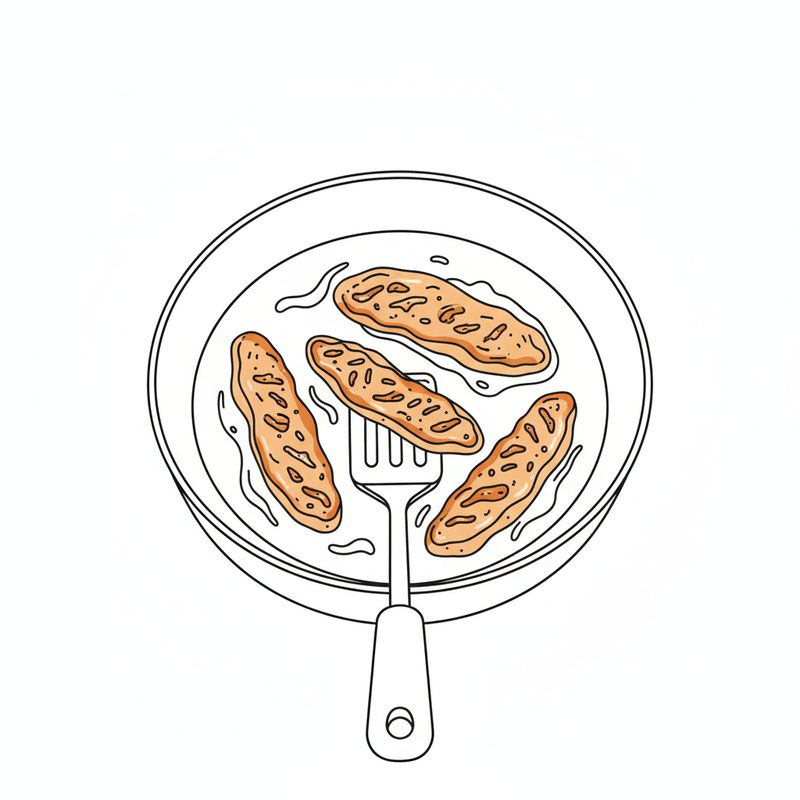 Sketch of four golden-brown chicken strips frying in a pan, one being lifted with a slotted spatula