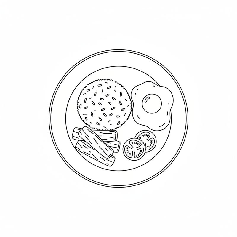 Line drawing of a plate with strips of chicken, a mound of rice, a fried egg and two tomato slices