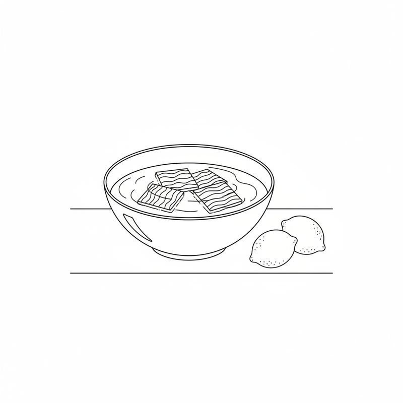 Line drawing of a bowl of water with two soaking sheets of leaf gelatine, two lemons beside it on the counter