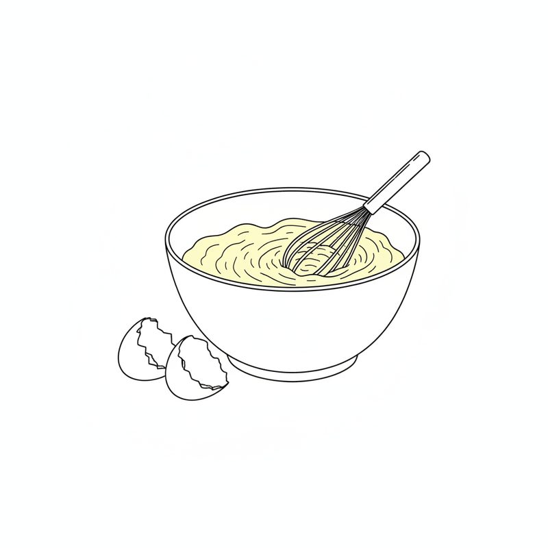 Line drawing of a mixing bowl of pale yellow whisked egg yolks and sugar with a whisk in it, two broken egg shells beside the bowl