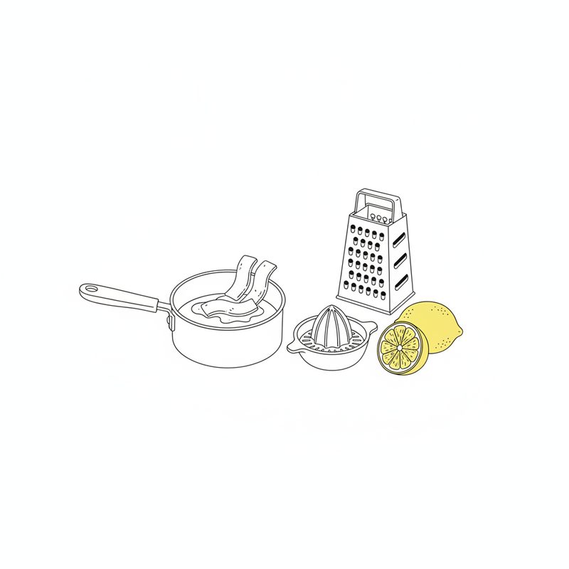 Line drawing of a small saucepan with gelatine sheets melting in liquid, a citrus juicer, a box grater and a halved yellow lemon