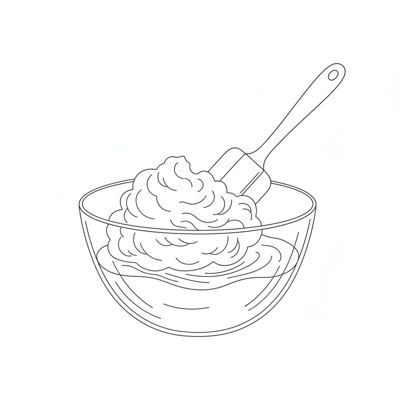Line drawing of a spatula folding a mound of beaten egg whites into a glass bowl of mousse mixture