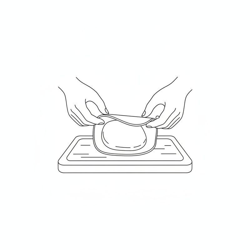 Line drawing of two hands folding a thin slice of ham over a slice of cheese on a cutting board