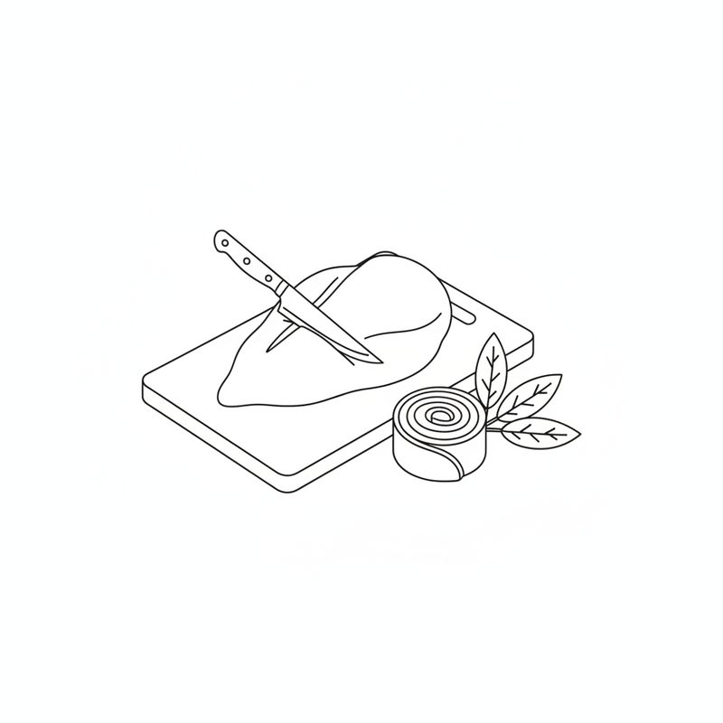 Line drawing of a knife cutting a pocket into a raw chicken breast on a board, with a rolled ham parcel and sage leaves beside it