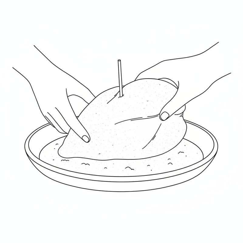 Line drawing of two hands turning a chicken breast, closed with a toothpick, in a shallow dish of flour