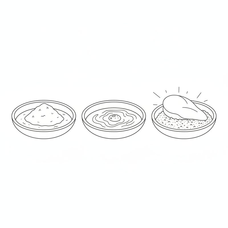 Line drawing of three bowls in a row holding flour, beaten egg and breadcrumbs, with a chicken breast resting in the crumbs