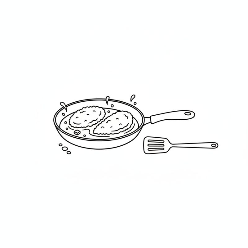 Line drawing of two breaded chicken breasts frying in a pan with a knob of butter, a spatula beside the pan
