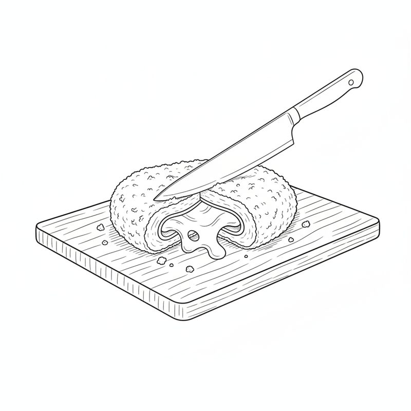 Line drawing of a knife cutting a breaded cordon bleu in half on a wooden board, melted cheese running from the cut