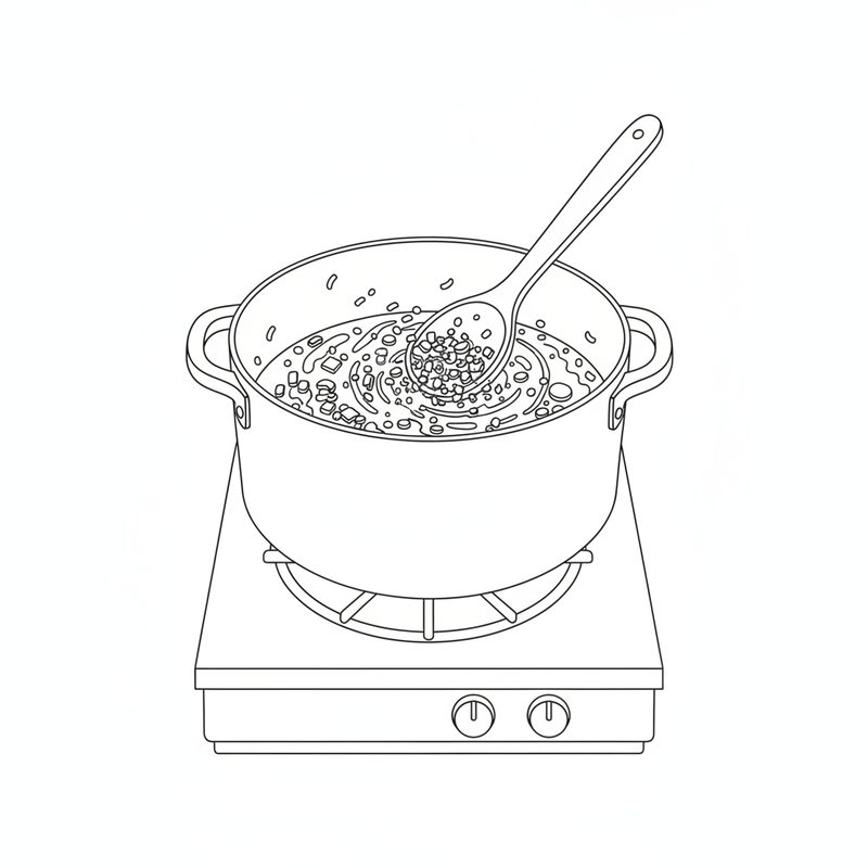 Line drawing of a wooden spoon stirring chopped onion and celery in a pot on a gas burner