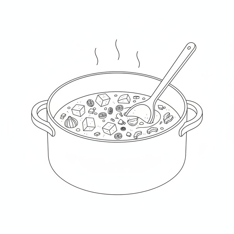 Line drawing of a spoon stirring potato cubes, garlic and chili slices in a steaming soup pot