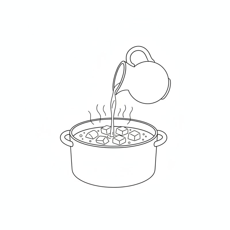 Line drawing of broth being poured from a jug into a pot of potato cubes