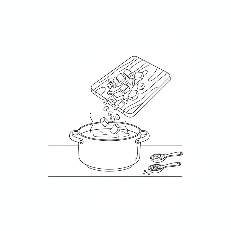 Line drawing of chopped vegetables and corn sliding off a cutting board into a simmering pot, two spoons of spices beside it