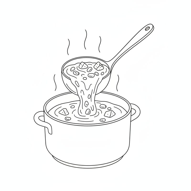 Line drawing of a ladle lifting chunky, half-blended soup out of the pot