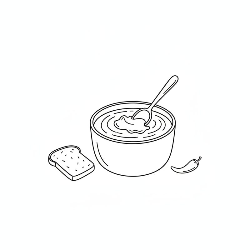 Line drawing of a spoon stirring a dollop of crème fraîche into a bowl of soup, a slice of bread and a chili beside it