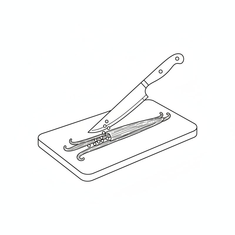 Line drawing of a kitchen knife beside two split vanilla pods on a cutting board, a few seeds scraped loose