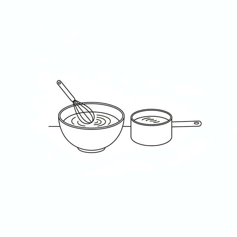 Line drawing of a whisk in a mixing bowl of liquid, with a small saucepan standing beside it