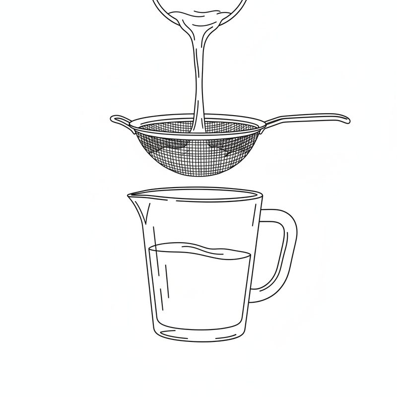 Line drawing of a bowl pouring custard through a fine mesh sieve into a glass measuring jug