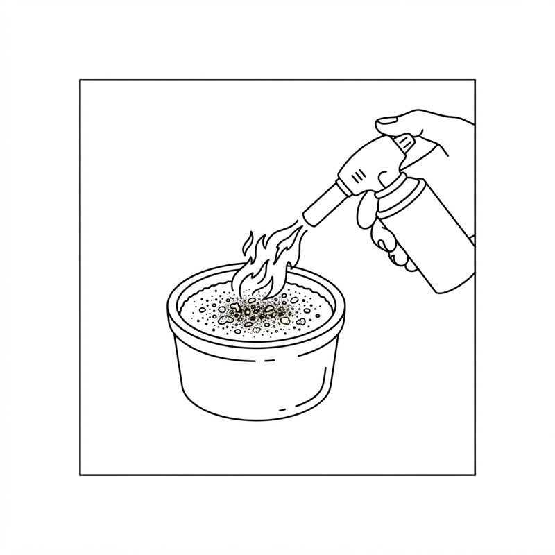 Line drawing of a hand holding a kitchen blowtorch, its flame caramelising sugar on top of a ramekin