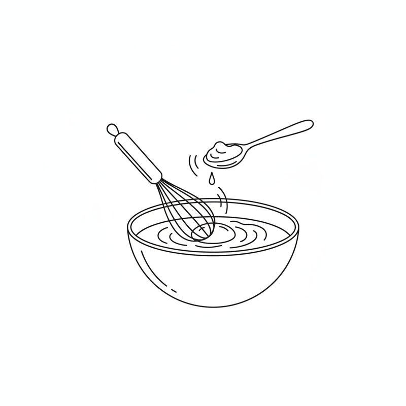 Line drawing of a whisk in a mixing bowl while a spoonful of mustard drips in from above