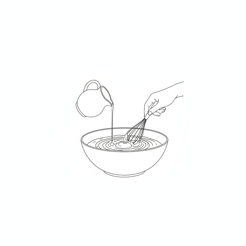 Line drawing of oil poured in a thin stream from a jug while a hand whisks the bowl
