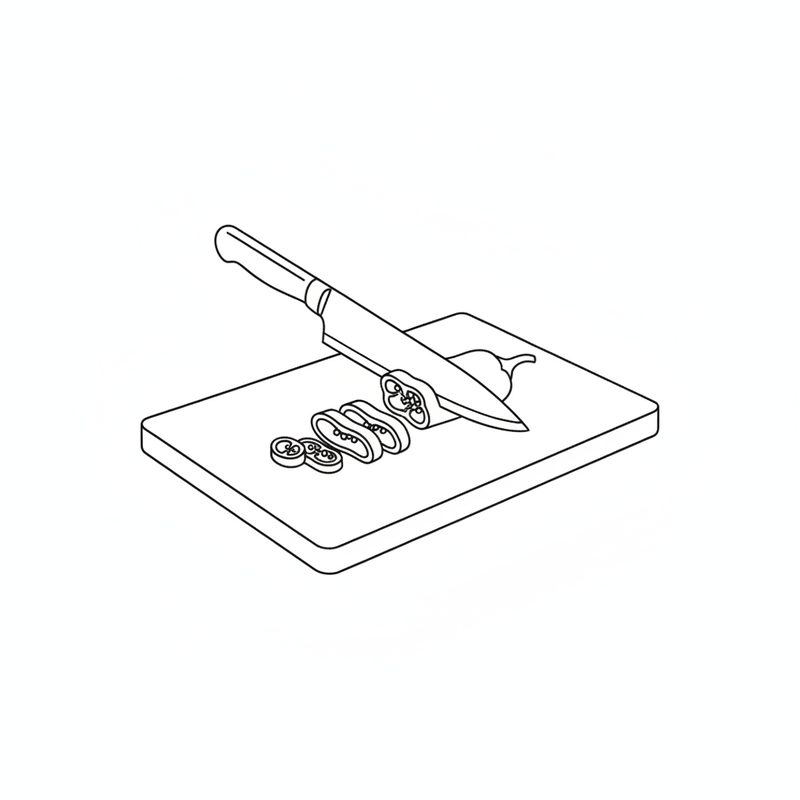 Line drawing of a knife slicing a red chili pepper into thin rings on a cutting board