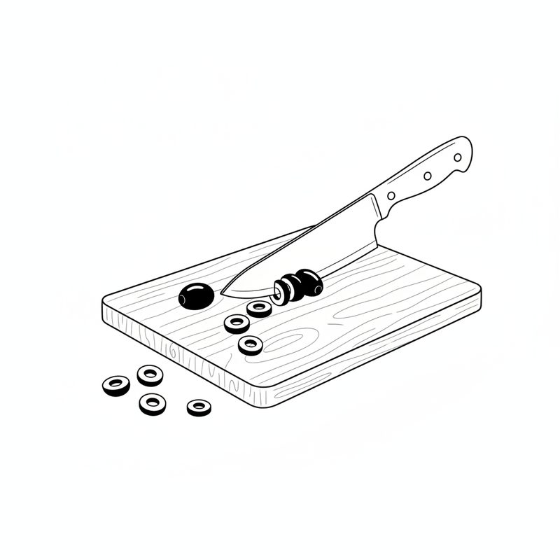 Line drawing of a knife slicing black olives into rings on a wooden board