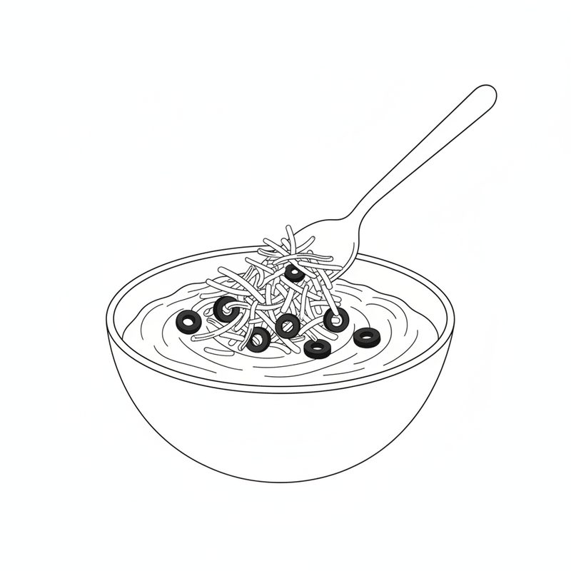 Line drawing of a spoon stirring grated cheese and olive rings into mayonnaise in a bowl