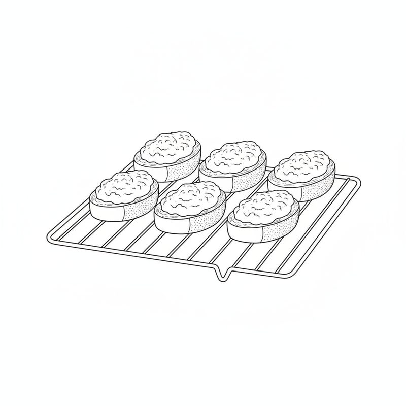 Line drawing of six bread slices topped with the cheese mixture on an oven rack