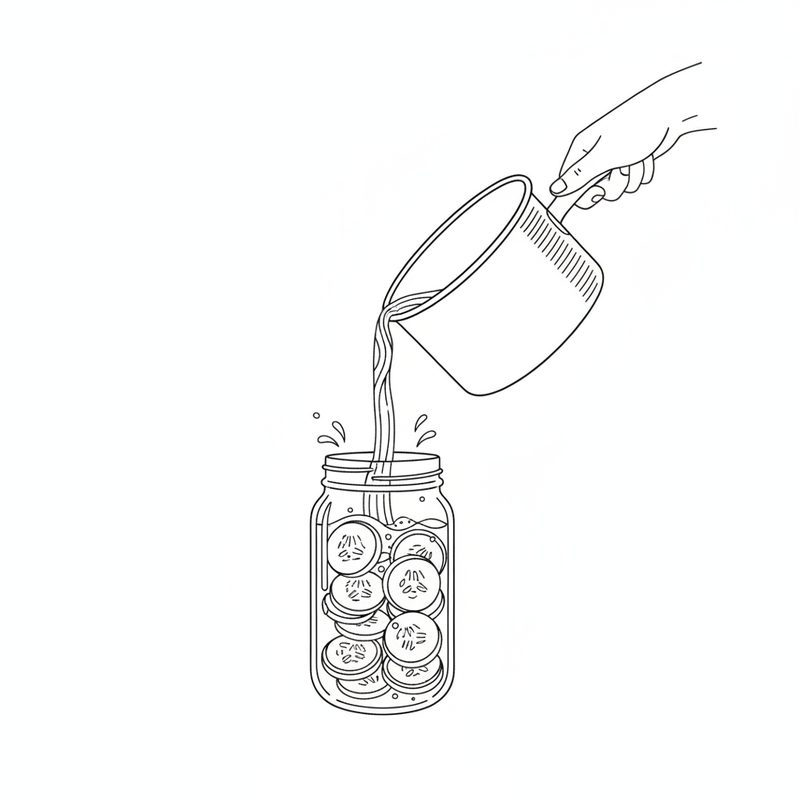 Line drawing of a hand pouring liquid from a saucepan into a glass jar packed with cucumber slices