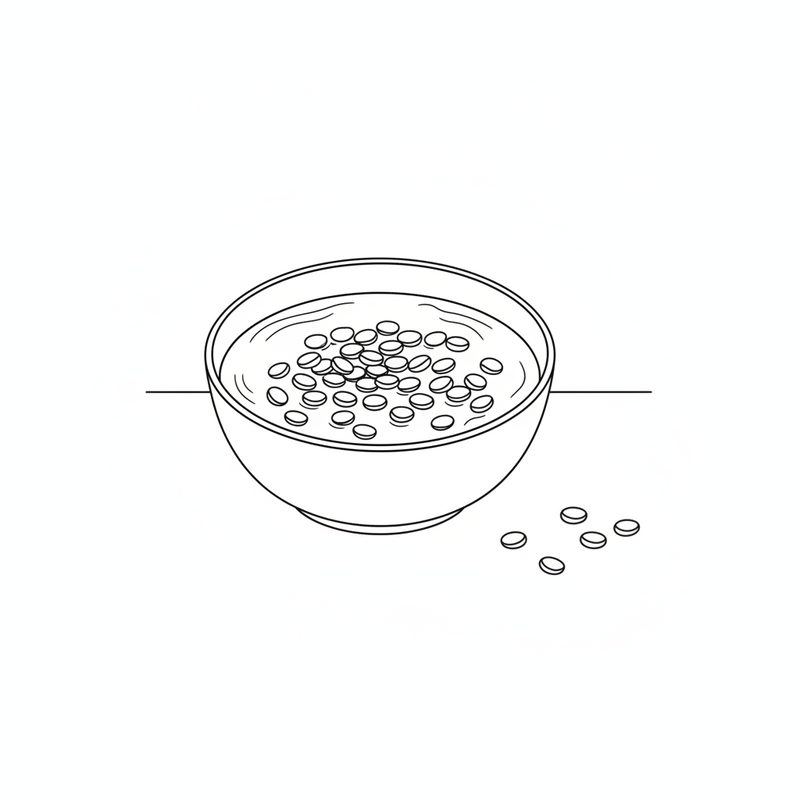 Line drawing of small lentils soaking in a bowl of water, with a few loose lentils on the counter