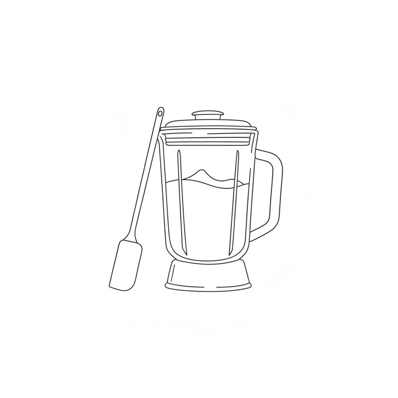 Line drawing of a blender jar holding thick batter, with a spatula standing beside it