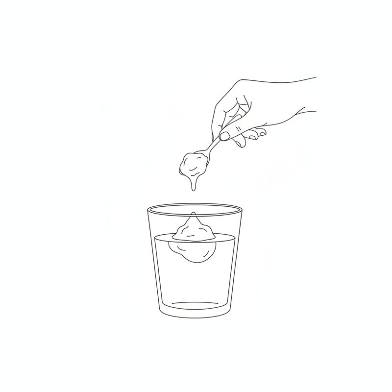 Line drawing of a hand dropping a spoonful of batter into a glass of water, where it floats