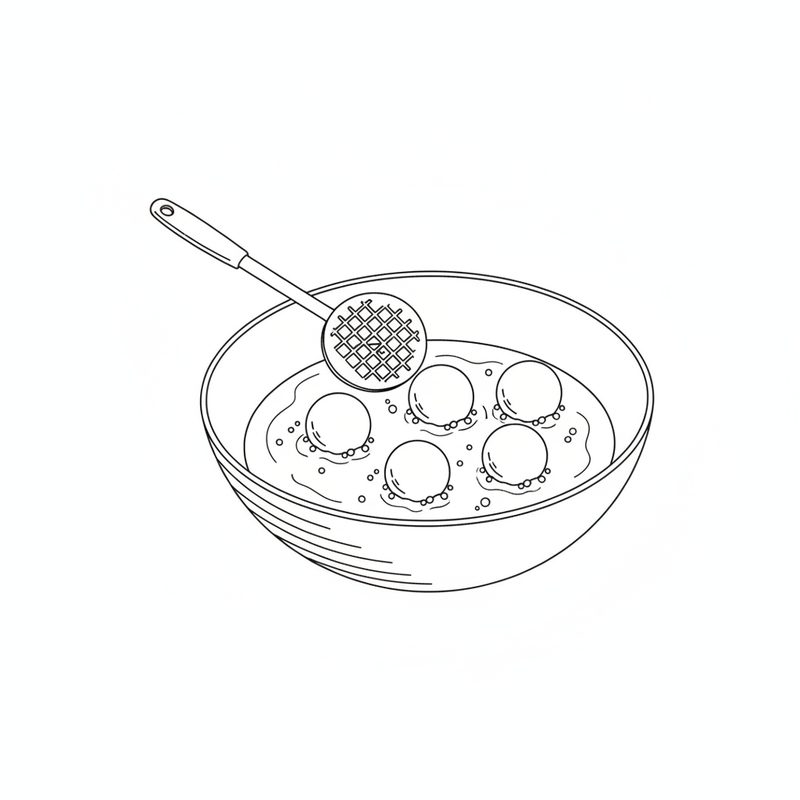 Line drawing of five round dumplings frying in a deep pan of bubbling oil, with a slotted spoon