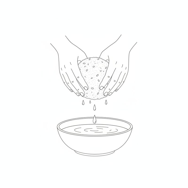 Line drawing of two hands squeezing a round dumpling over a bowl as water drips out