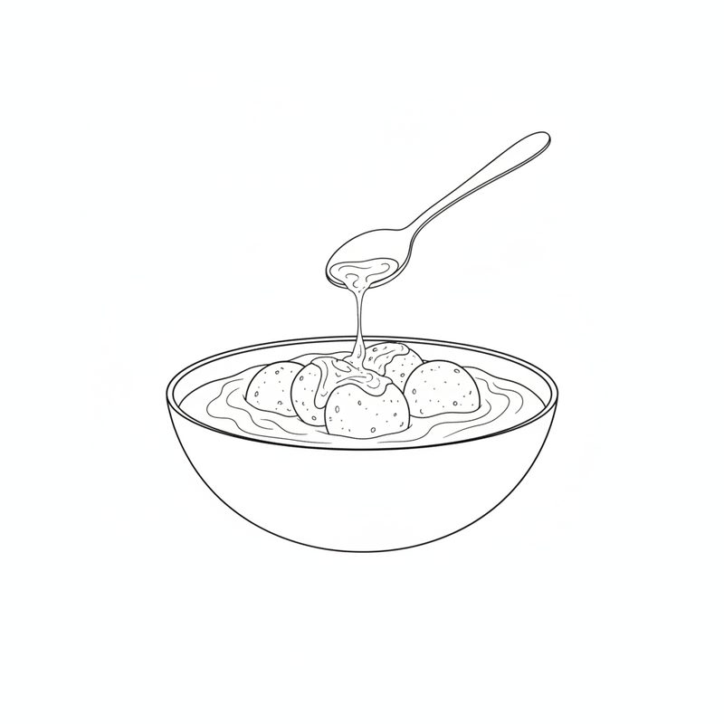 Line drawing of a spoon drizzling sauce over round dumplings sitting in a bowl of yogurt