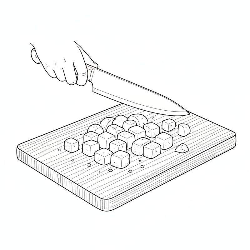 Line drawing of a knife cutting boiled potatoes into small cubes on a wooden cutting board