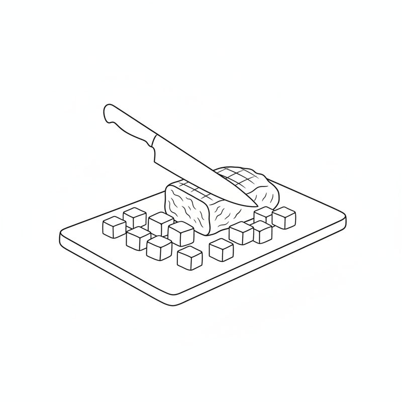 Line drawing of a knife cutting a piece of cooked meat into cubes on a cutting board