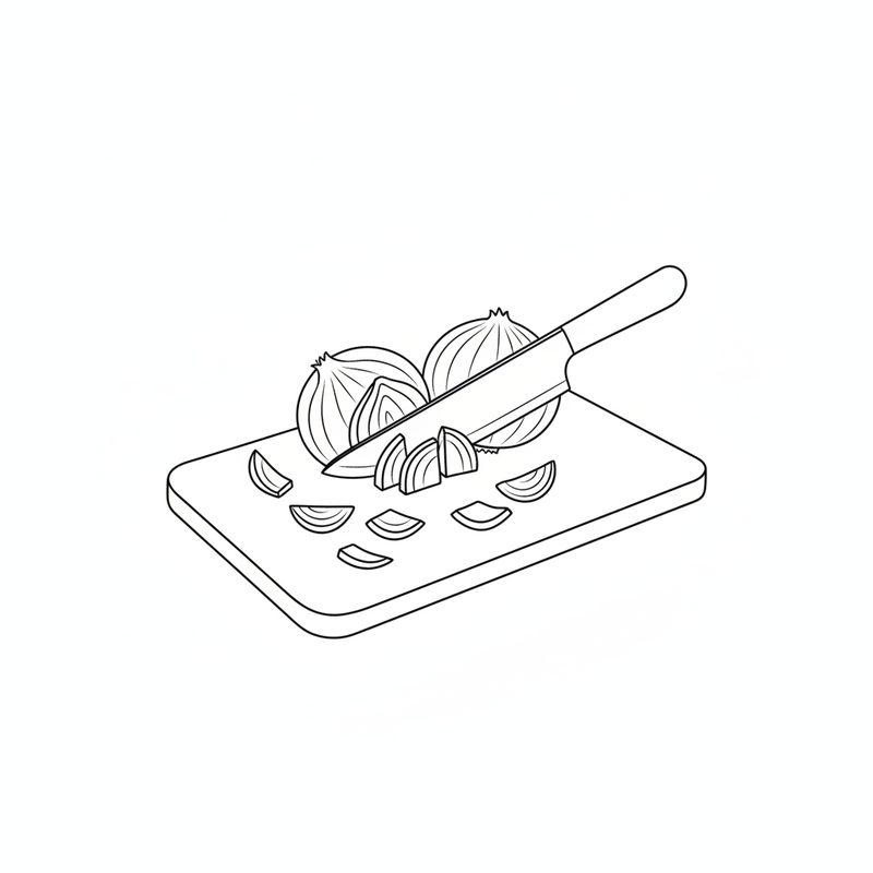 Line drawing of a knife roughly chopping onions on a cutting board