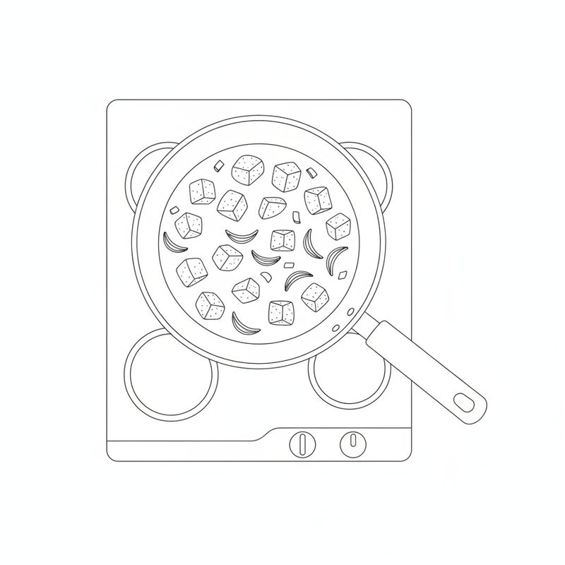 Line drawing of potato cubes and onion frying in a pan on a stovetop, seen from above