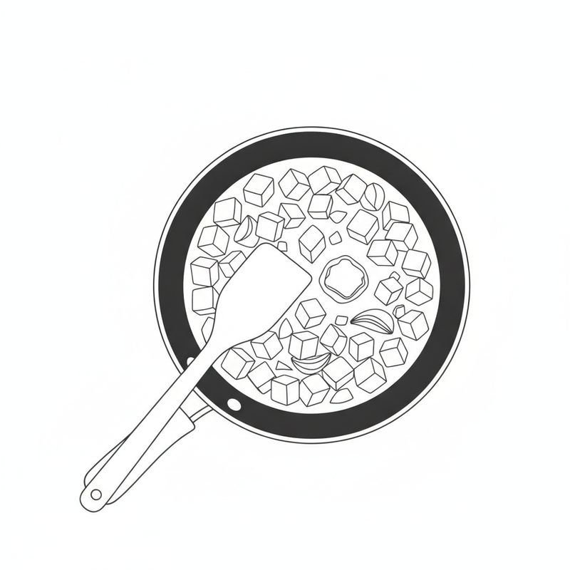 Line drawing of a spatula mixing cubes of potato, meat and onion with a knob of butter in a frying pan
