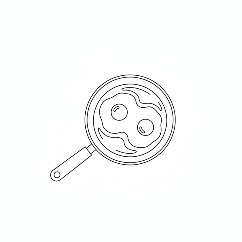 Line drawing of two eggs frying in a small pan, seen from above