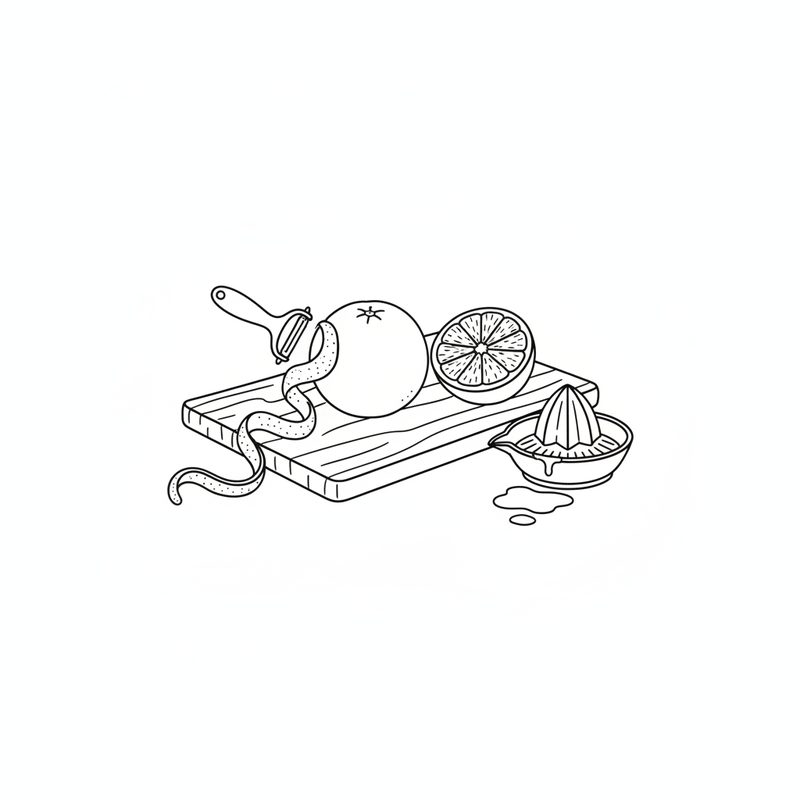 Line drawing of an orange on a wooden board with a vegetable peeler lifting a long strip of peel, a halved orange and a citrus juicer beside it