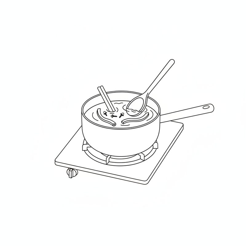 Line drawing of a saucepan on a gas burner holding liquid with cinnamon sticks, cloves and orange peel, a wooden spoon resting in it