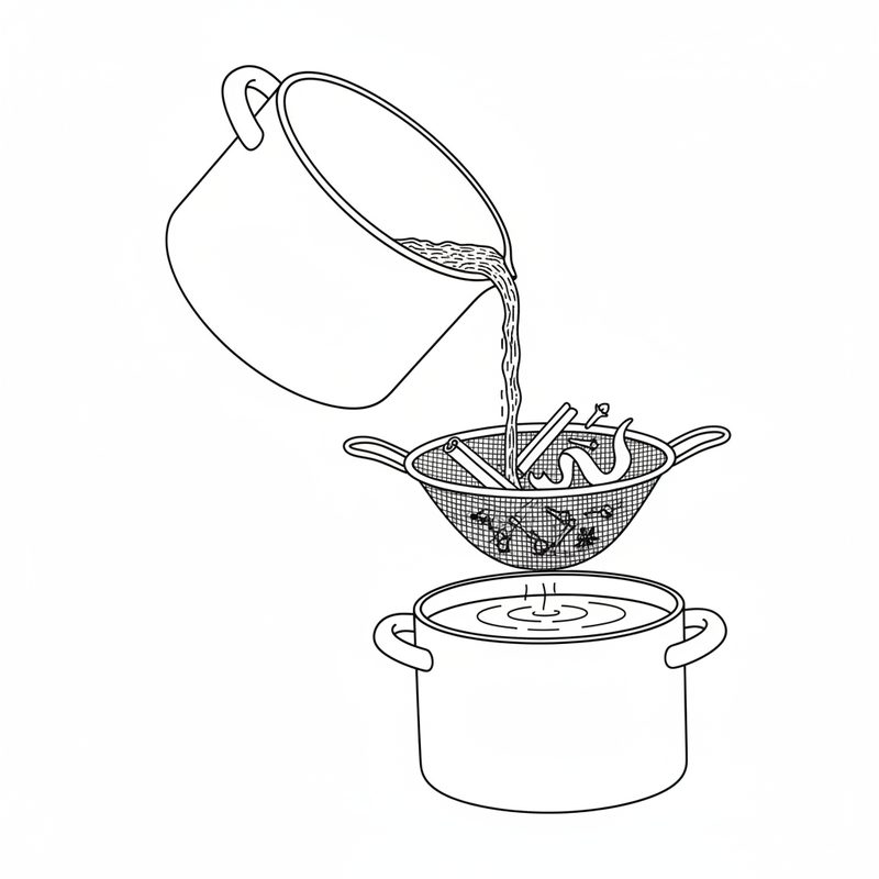 Line drawing of a pan of syrup being poured through a mesh sieve that catches cinnamon sticks, cloves and peel, into a pot below
