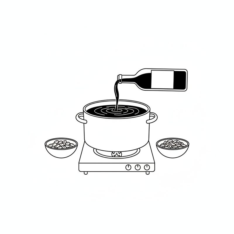 Line drawing of a bottle of red wine being poured into a pot on a stove, with a small bowl of raisins and a small bowl of almonds on either side